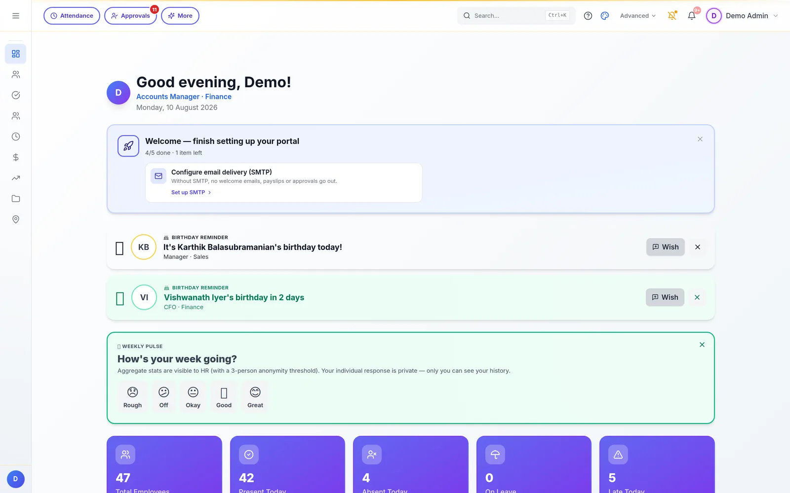 Garuda HR dashboard with setup checklist, reminders, weekly pulse and headcount tiles.