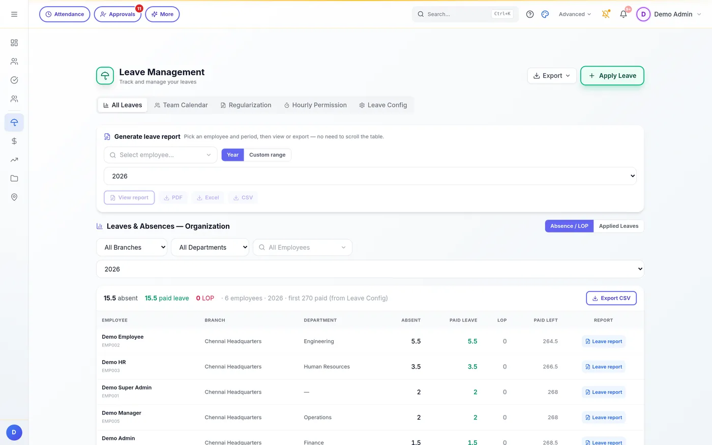 Leave management showing balances, absences by employee and leave reports for the year.